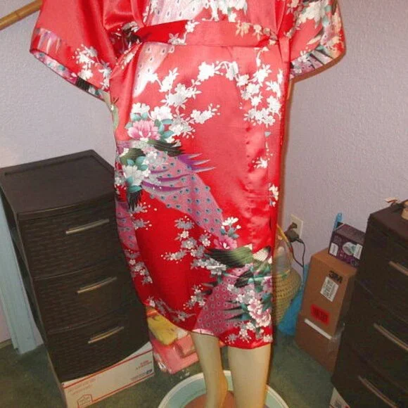 Vtg Silk Kimono Robe One Size Asian Smoking Jacket Dressing Gown Exotic Floral - Picture 4 of 8